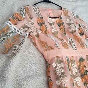 Round neck half sleeve floral embroidered midi dress